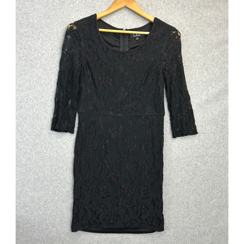 Lulus Size M Black Lace Mini Dress 3/4 Sleeve Floral Bodycon Cocktail Gothic